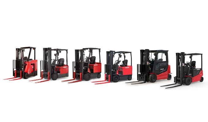 Lineup of Raymond counterbalanced forklifts including stand-up and sit-down electric truck models for warehouse applications