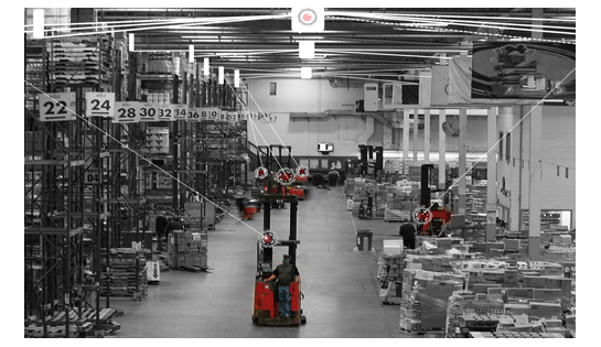 Raymond forklift in a warehouse with lines to forklift to demonstrate where the forklift is using the real-time location system.