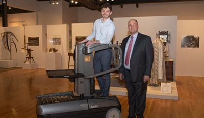 Roberson Museum member rides on new Raymond Basic Sprint 2.0 donated by The Raymond Corporation.