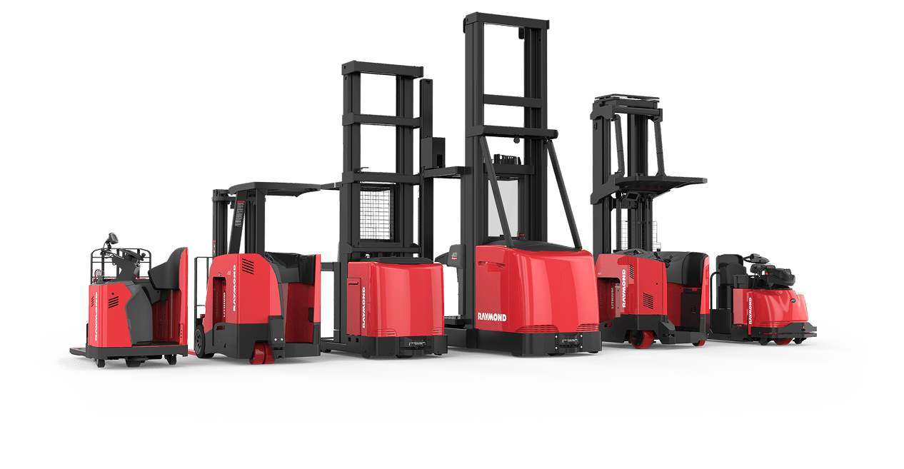Lineup of Raymond forklifts, raymond walkie, raymond counterbalanced, raymond reach truck, raymond swing reach, raymond orderpicker, raymond tow tractor