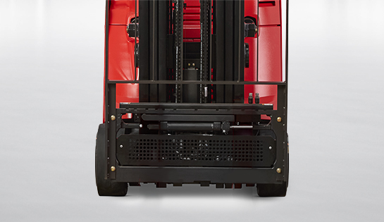 Front carriage view of Raymond stand-up forklift without forks attached.