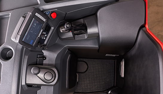 Overhead view of operator compartment on Raymond stand-up counterbalanced forklift.