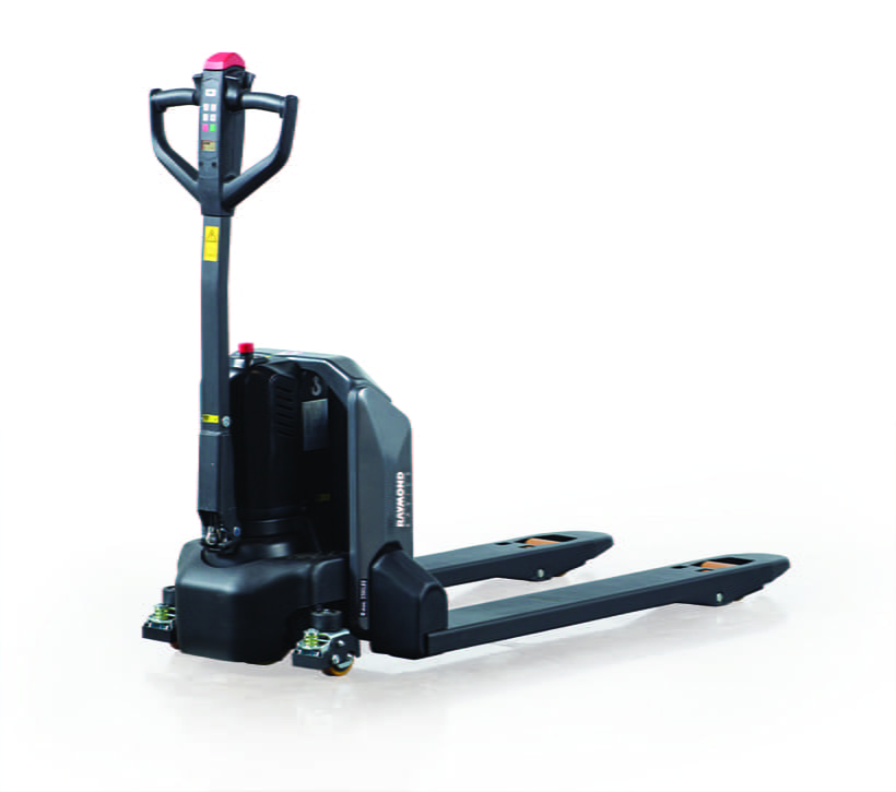Raymond Basics electric pallet jack with forks and ergonomic handle on white background