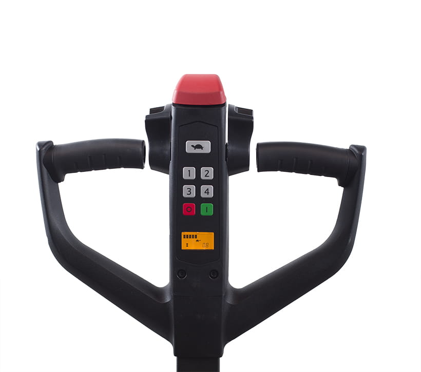 Close-up of Raymond Basics electric pallet jack control handle with buttons and display